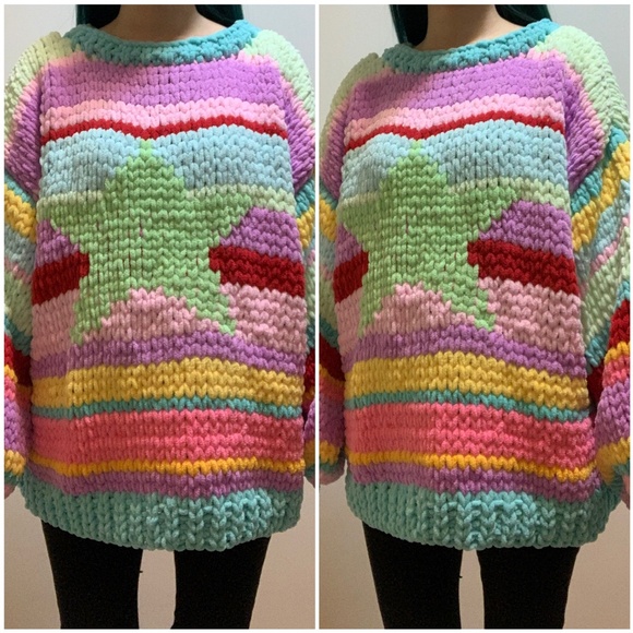 Purple Pink Green Blue Colorful Striped Star Chunky Chenille Knit Sweater Y2k - Picture 4 of 4